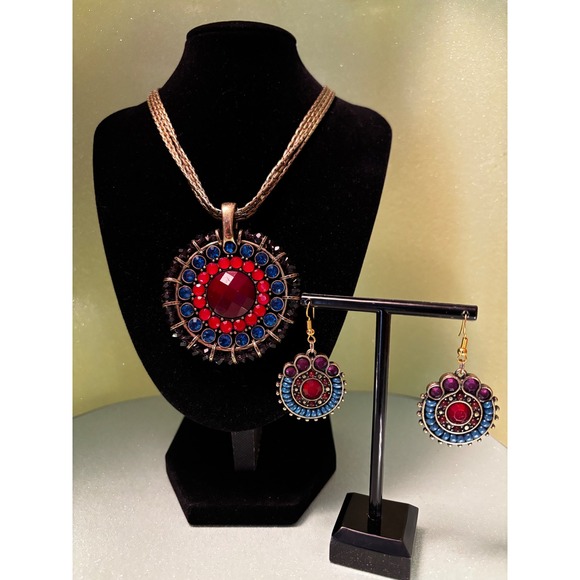 Jewelry - Boho Bronze Tone Red Blue Crystal Statement Pendant Necklace and Earring Set